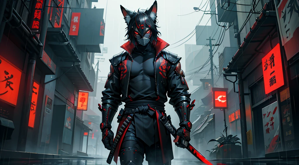 Cyber Samurai, Half body, Alone, Cyberpunk, Oriental, Fox Mask, Black Costume, Red Armor, Katana, Fire eye, In Middle of Rain, 2D Art, Best Quality, 4K