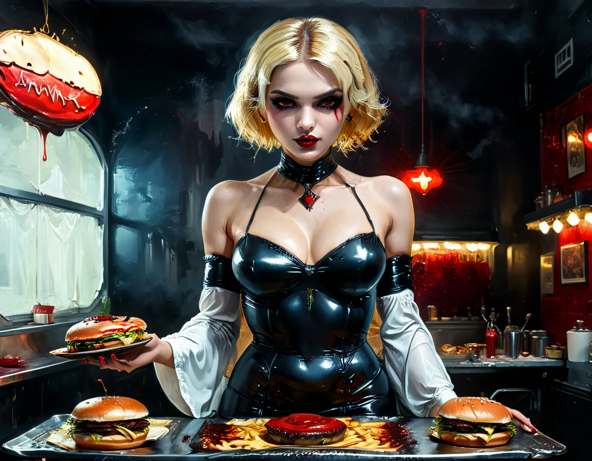 a 3D digital painting picture of extremely (beautiful female vanpire:1.3) ((serving a big juicy raw hamburger: 1.3)) on a tray, dripping blood in a goth American diner, an exquisite beautiful female (vampire:1.3), (full body: 1.3) ultra feminine ultra detailed face, blond hair, short hair, red lips, red eyes, glowing eyes, wearing  glamour white seductive latex dress, serving a goth diner American kitchen background, full body dynamic angle, , award winning, best quality, high quality, high details, highres, vibrant, Ultra-high resolution, High Contrast, (masterpiece:1.5), highest quality, Best aesthetics, best details, best quality, highres, ultra wide angle, 16k, [ultra detailed], masterpiece, best quality, photorealistic, 3D rendering, DARK, chumbasket art style