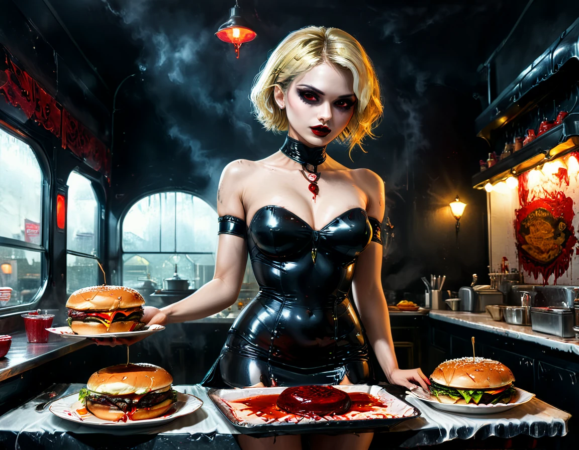 a 3D digital painting picture of extremely (beautiful female vanpire:1.3) ((serving a big juicy raw hamburger: 1.3)) on a tray, dripping blood in a goth American diner, an exquisite beautiful female (vampire:1.3), (full body: 1.3) ultra feminine ultra detailed face, blond hair, short hair, red lips, red eyes, glowing eyes, wearing  glamour white seductive latex dress, serving a goth diner American kitchen background, full body dynamic angle, , award winning, best quality, high quality, high details, highres, vibrant, Ultra-high resolution, High Contrast, (masterpiece:1.5), highest quality, Best aesthetics, best details, best quality, highres, ultra wide angle, 16k, [ultra detailed], masterpiece, best quality, photorealistic, 3D rendering, DARK, chumbasket art style