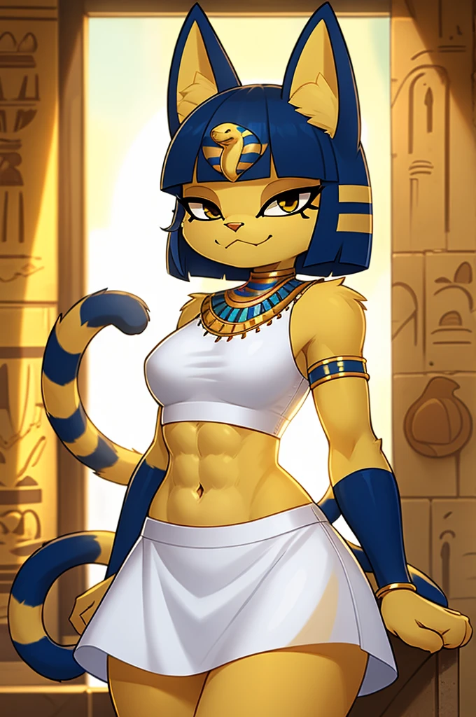 ((masterpiece)), ((best quality)), ((perfect face)), trending on artstation, furry, furry style , anthro style, digital artwork of a sexy ankha with rock hard abs, a bare midriff and a bare navel wearing a crop top of her sleeveless white dress with long white dress skirt, blue Egyptian handbands, yellow and blue fur, cat, tail, female, Egyptian setting, smug face