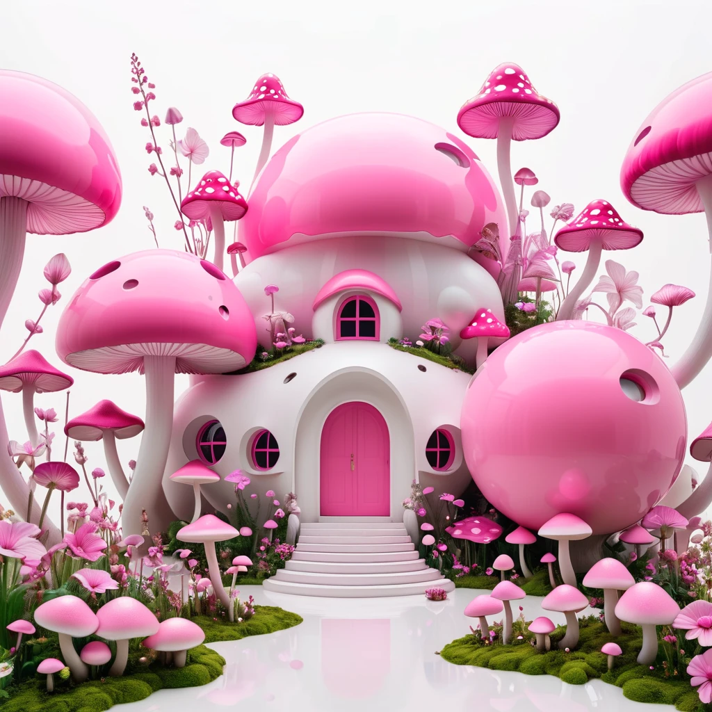 Minimalist architectural composition made of pink spheres, Decorated with flowers and mushrooms，Pink buds， Creating a surreal and dreamlike paradise, 4K, 8K, best quality, masterpiece, Reality, Extremely detailed, Pink soft colors, White background