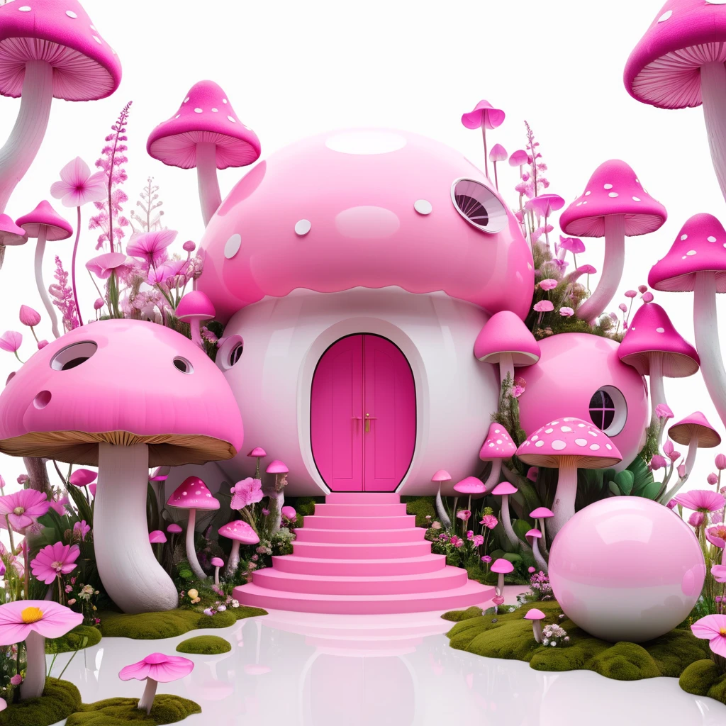 Minimalist architectural composition made of pink spheres, Decorated with flowers and mushrooms，Pink buds， Creating a surreal and dreamlike paradise, 4K, 8K, best quality, masterpiece, Reality, Extremely detailed, Pink soft colors, White background