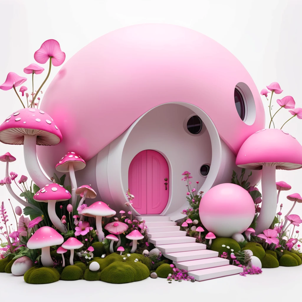 Minimalist architectural composition made of pink spheres, Decorated with flowers and mushrooms，Pink buds， Creating a surreal and dreamlike paradise, 4K, 8K, best quality, masterpiece, Reality, Extremely detailed, Pink soft colors, White background