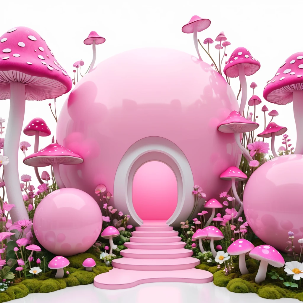 Minimalist architectural composition made of pink spheres, Decorated with flowers and mushrooms，Pink buds， Creating a surreal and dreamlike paradise, 4K, 8K, best quality, masterpiece, Reality, Extremely detailed, Pink soft colors, White background