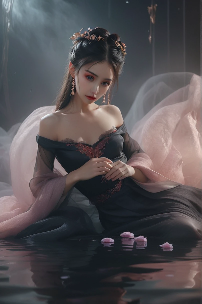 Ultra high quality, 8K, Super detailed, Dark Fantasy Art Film Photos, girl in tulle skirt,eye contact, dark, moody, dark fantasy style, beautiful lights, great composition