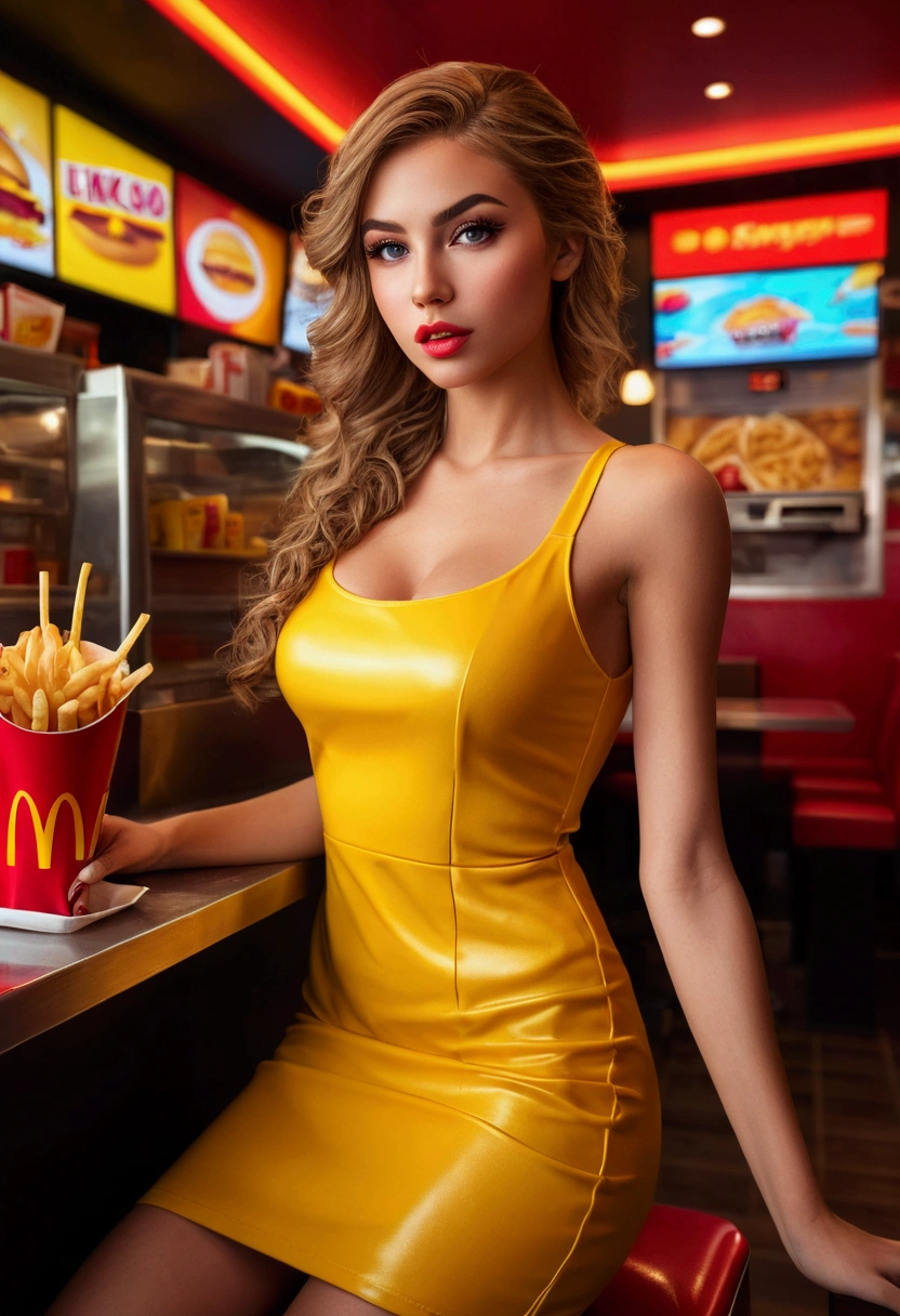 a beautiful young woman in a fast food restaurant, wearing a restaurant employee dress, long legs, beautiful face with detailed features,  expression, behind the counter, fast food environment, bright lighting, vibrant colors, (best quality,4k,8k,highres,masterpiece:1.2),ultra-detailed,(realistic,photorealistic,photo-realistic:1.37),vibrant colors,cinematic lighting,professional photography,fashion portrait