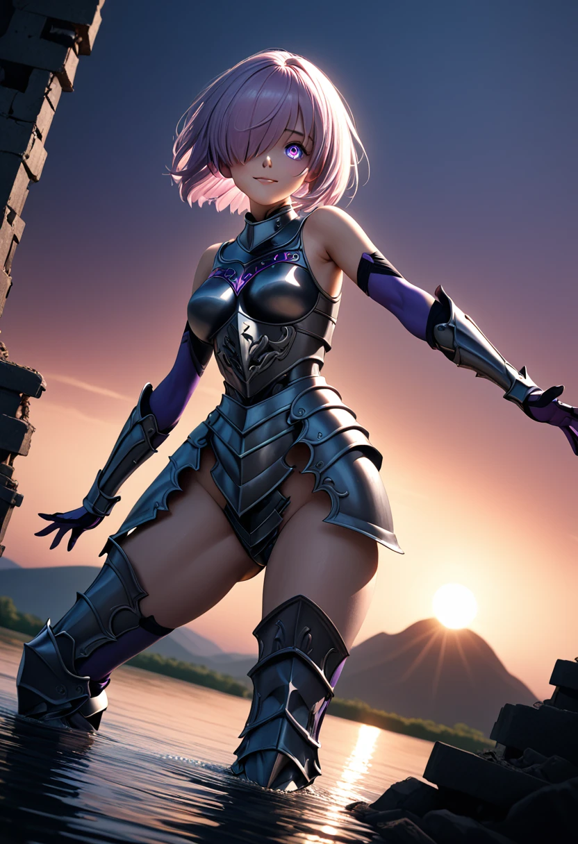 (masterpiece, top quality, best quality, beautiful and aesthetic:1.2), full body, SFW, extremely detailed, detailed eyes, detailed hands, cinematic light, depth of field, 1girl, seducing smile, solo, official, (full armored knight:1.4), dark armor, knight helmet, mash kyrielight, light purple hair, short hair, hair over one eye, slim body, cinematic lighting, dramatic lighting, dramatic atmosphere, hyper-realistic, high resolution, stunning contrast, high quality, best quality, 8k, 4k, intricately detailed, (amazing details:1.2), highly detailed skin, powerful presence, vibrant colors, (detailed eyes:1.2), striking eyes, (detailed background), (lake on background, twilight, ruins), (dynamic angle:1.2), (dynamic pose:1.2)