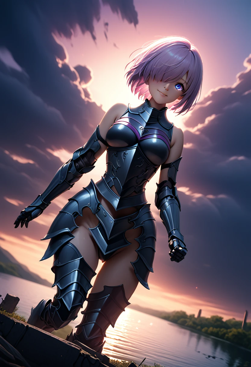 (masterpiece, top quality, best quality, beautiful and aesthetic:1.2), full body, SFW, extremely detailed, detailed eyes, detailed hands, cinematic light, depth of field, 1girl, seducing smile, solo, official, (full armored knight:1.4), dark armor, knight helmet, mash kyrielight, light purple hair, short hair, hair over one eye, slim body, cinematic lighting, dramatic lighting, dramatic atmosphere, hyper-realistic, high resolution, stunning contrast, high quality, best quality, 8k, 4k, intricately detailed, (amazing details:1.2), highly detailed skin, powerful presence, vibrant colors, (detailed eyes:1.2), striking eyes, (detailed background), (lake on background, twilight, ruins), (dynamic angle:1.2), (dynamic pose:1.2)