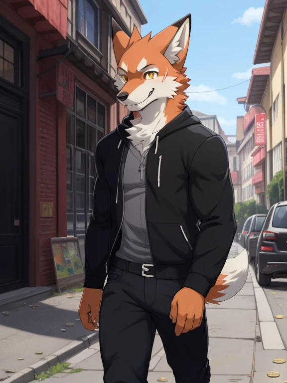 Anime: Style photo of a mignon fox with yellow eyes walking around the street, poitrine moelleuse, Renard humain, nude, cheveux poilus, renard d’anime, Haute résolution, mâle, mignon, lait, laity fox, sourire aux coins de la bouche, sweat blanc, mince, 1.7m de haut,