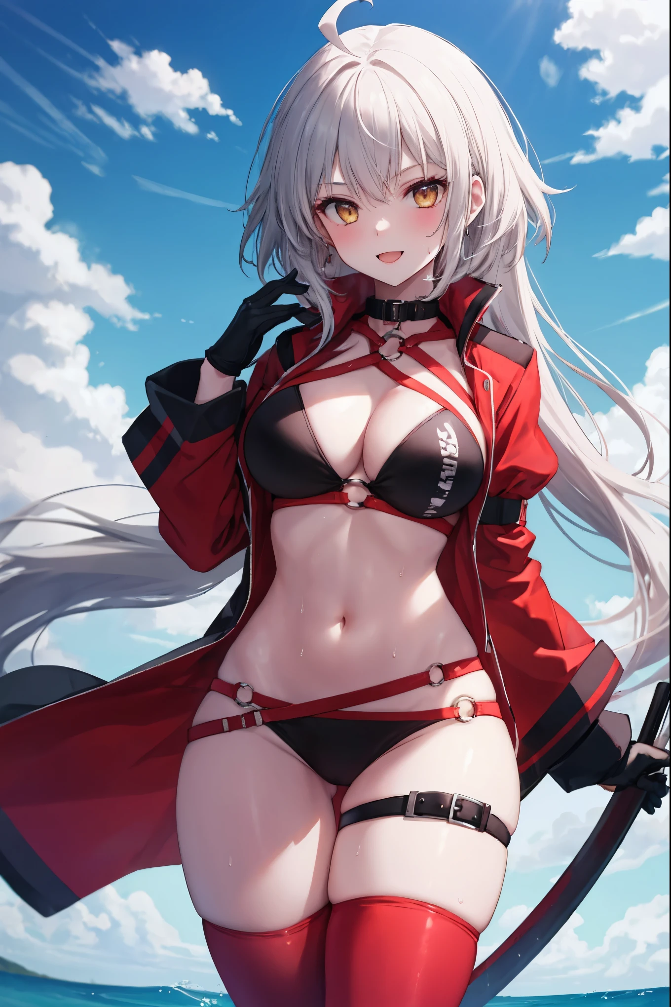 masterpiece, best quality, 1girl, , silver hair, ahoge, gold_eyes, shaggy_long_hair,,large_tits, , blue sky,covered_groin,covered_nipples,solo,young_,,open_legs,knee_boots,crotch_armor,cowboy_shot,crotch, asymmetrical legwear, long hair, bikini, black bikini, black gloves, gloves, long sleeves, navel, o-ring, o-ring bikini, o-ring bottom, o-ring top, puffy long sleeves, puffy sleeves, red legwear, single thighhigh, swimsuit, thigh strap, thighhighs, uneven legwear,smile,nihil,open_mouth,angry,oil,wet,sweat,grhn,(angry:0.7)