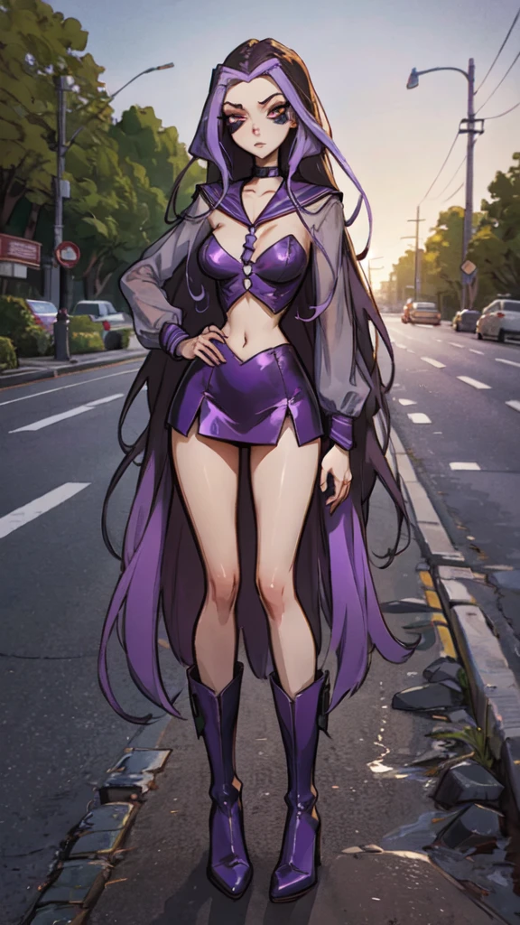 Masterpiece, best quality, high resolution, 1 woman , straight purple hair , bob , red eyes , Cold expression , Purple long sleeve sailor shirt , short skirt , boots, Long legs , full body , abdomen , big breasts , Put your hands on your hips. , roadside