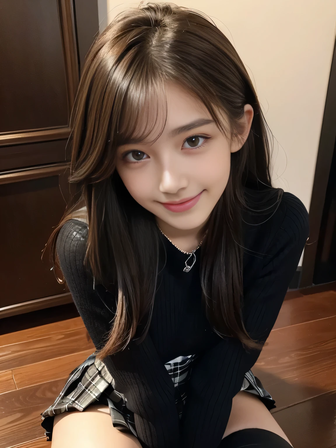 masterpiece, best quality, ultra-detailed, intricately detailed hyperdetailed, realistic, sharp features, highly detailed, sharp focus, (18 years old:1.3), perfect face, perfect symmetrically eyes, perfect full lips, hyper detailed, hyper realistic, high resolution, Fashion Model, Slender, Japanese Idol, brown hair, Stylish, Realistic, Photorealistic:1.3, Beautiful Face, light brown hair, Beautiful hairstyle, (grin), (Black tops:1.2), ((mini plaid skirt, kneehighs)), night spot,