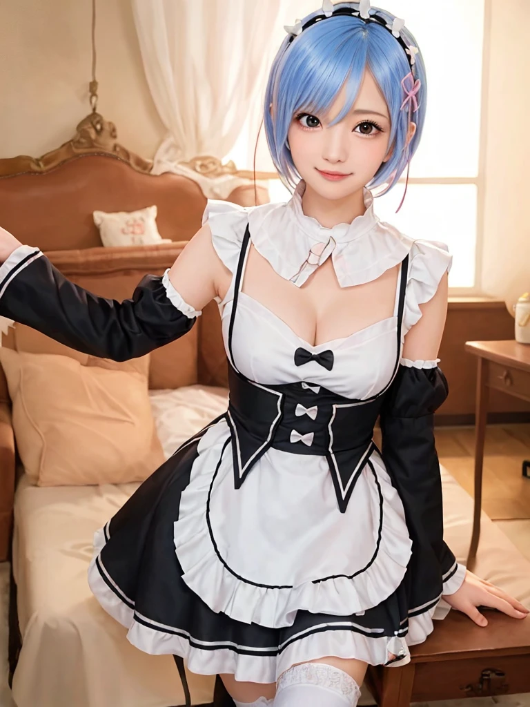 masterpiece, best quality, ultra-detailed, illustration, epic lighting, cinematic composition, colorful, sidelighting, lustrous skin, realistic, 3d face, (finely detailed beautiful eyes: 1.2), 1girl, rem_\(re:zero\),cute, medium breasts, blue hair, short hair, (hair over one eye:1.3), eyes_visible_through_hair, blue eyes, roswaal_mansion_maid_uniform, (head tilt:1.2), standing, close-up, fantasy, summer, night sky, stars, nebula, blue flowers, garden, blue roses, moonlight, peaceful, serenity, (8k:1.1),