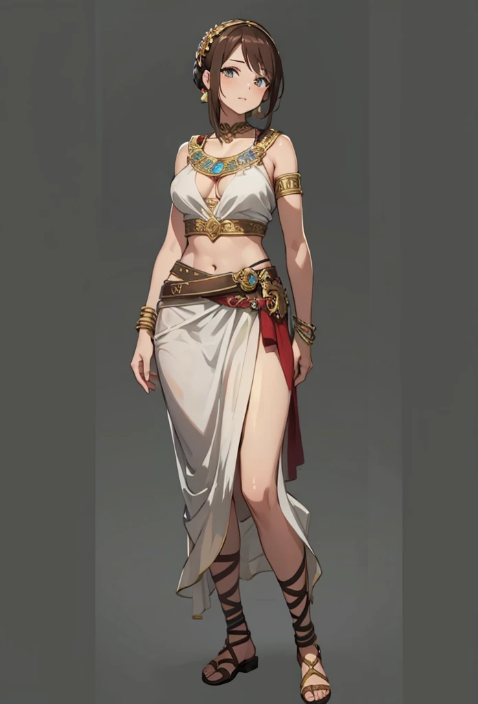 the woman in ancient roman costume is posing for a picture in this image, 1girl, solo, sandals, jewelry, navel, bracelet, breasts, full body, midriff, brown hair, grey background