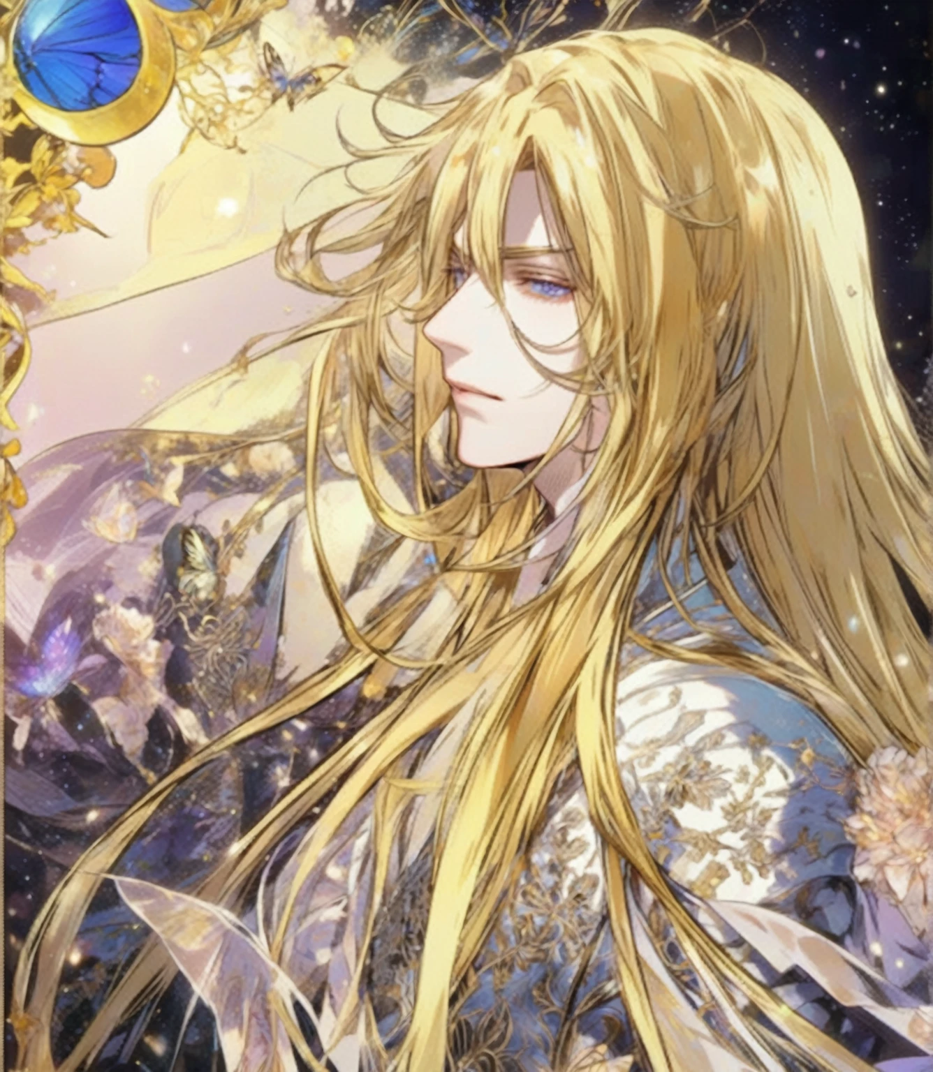 Close-up of a long-haired person and butterflies, Portrait of the Magical Blonde Prince, ((Beautiful Fantasy Empress)), Beautiful androgynous prince, A delicate androgynous prince, anime key visual of elegant, Long, flowing, gorgeous blonde hair, Anime Art Nouveau Space Display, Detailed Key Anime Art, Shadowverse Style, Flowing hair and long robes