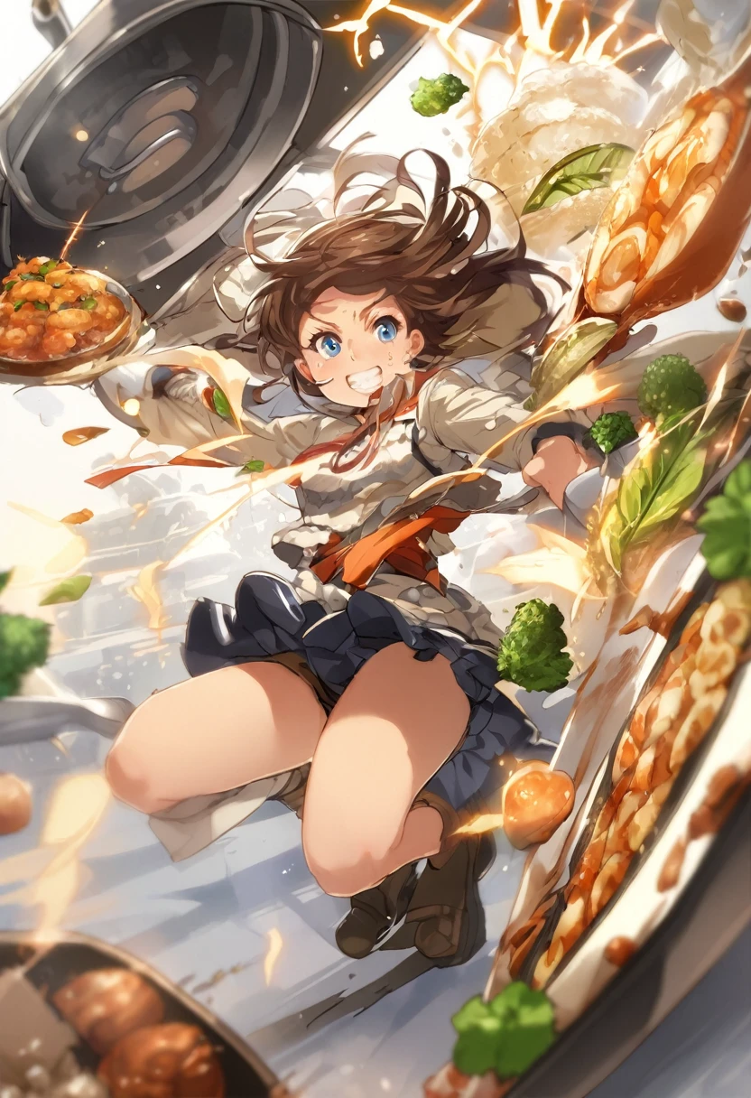 Brat, ((masterpiece)), High resolution, 10 years old、girl、 Brown Hair、Short Bob、((smile、Grin))、Excited、Sweating all over the body、Bright Blue Eyes、smile、((Grin))、Earrings、(((刀を構えてcook、Dynamically))、Sparks fly、Disturbed、Strong light、Strong winds、highlight、Motion Blur、Simple armor(mini skirt、wind lift:1.0)、Shallow depth of field、cook、Fantastic、tense、Powerful cooking、Fresh ingredients、Cook the perfect dish、((Chop ingredients in mid-air))