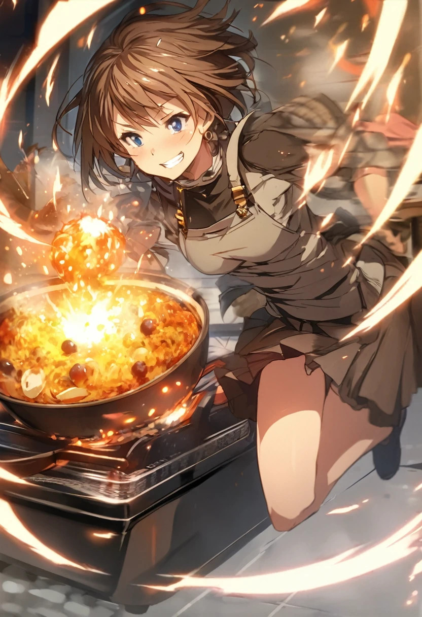 Brat, ((masterpiece)), High resolution, 10 years old、girl、 Brown Hair、Short Bob、((smile、Grin))、Excited、Sweating all over the body、Bright Blue Eyes、smile、((Grin))、Earrings、(((刀を構えてcook、Dynamically))、Sparks fly、Disturbed、Strong light、Strong winds、highlight、Motion Blur、Simple armor(mini skirt、wind lift:1.0)、Shallow depth of field、cook、Fantastic、tense、Powerful cooking、Fresh ingredients、Cook the perfect dish、((Chop ingredients in mid-air))