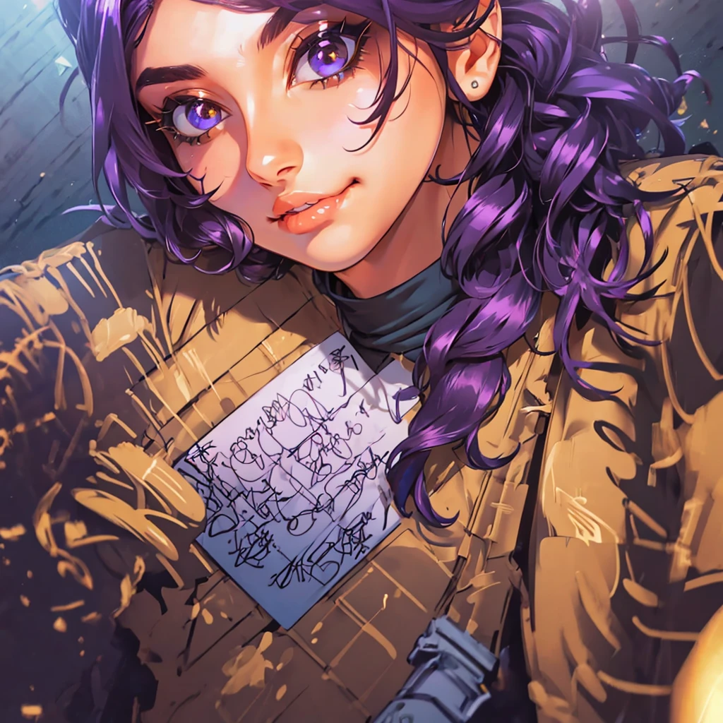 A cute girl with brown skin, sexy body, wavy purple hair [with shades of black], golden eyes (shiny), ultra realistic eyes, with a pistol, jumping, with sniper outfit, Valorant Riot game, round face, realistic lighting, Radiosity, Close UP.