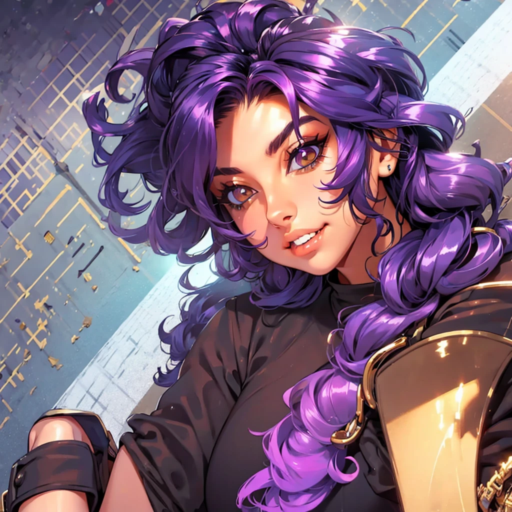 A cute girl with brown skin, sexy body, wavy purple hair [with shades of black], golden eyes (shiny), ultra realistic eyes, with a pistol, jumping, with sniper outfit, Valorant Riot game, round face, realistic lighting, Radiosity, Close UP.