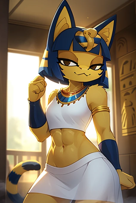((masterpiece)), ((best quality)), ((perfect face)), trending on artstation, furry, furry style , anthro style, digital artwork of a sexy ankha with rock hard abs, a bare midriff and a bare navel wearing a crop top of her sleeveless white dress with long white dress skirt, blue Egyptian handbands, yellow and blue fur, cat, tail, female, Egyptian setting, smug face