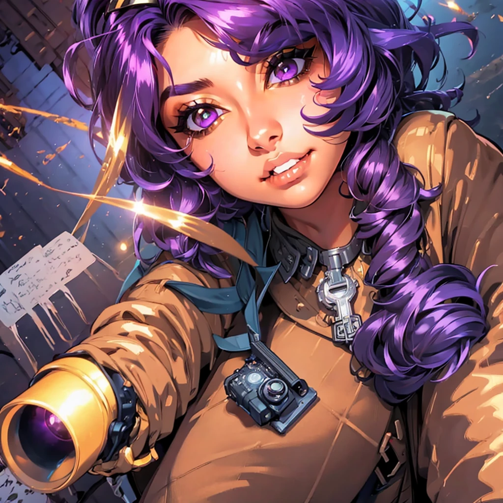 A cute girl with brown skin, sexy body, wavy purple hair [with shades of black], golden eyes (shiny), ultra realistic eyes, with a pistol, jumping, with sniper outfit, Valorant Riot game, round face, realistic lighting, Radiosity, Close UP.