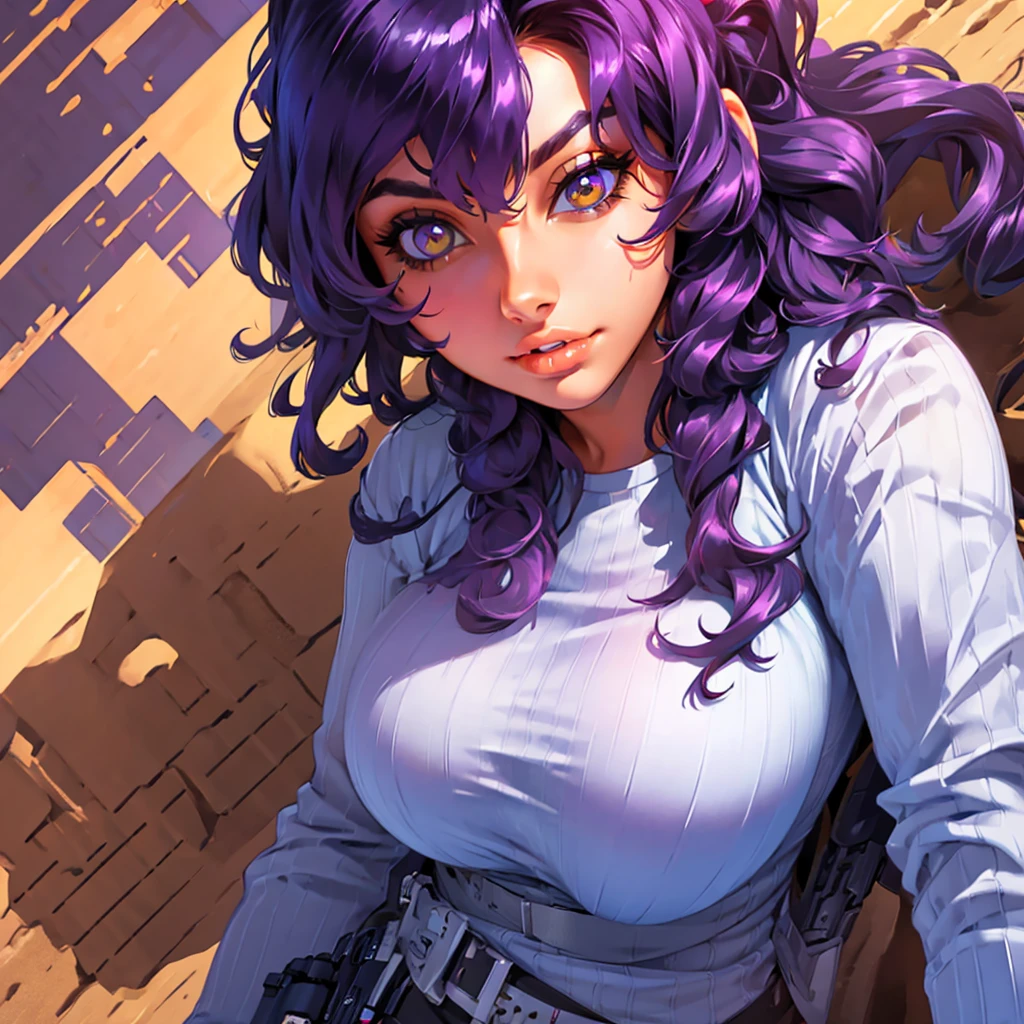 A cute girl with brown skin, sexy body, wavy purple hair [with shades of black], golden eyes (shiny), ultra realistic eyes, with a pistol, jumping, with sniper outfit, Valorant Riot game, round face, realistic lighting, Radiosity, Close UP.