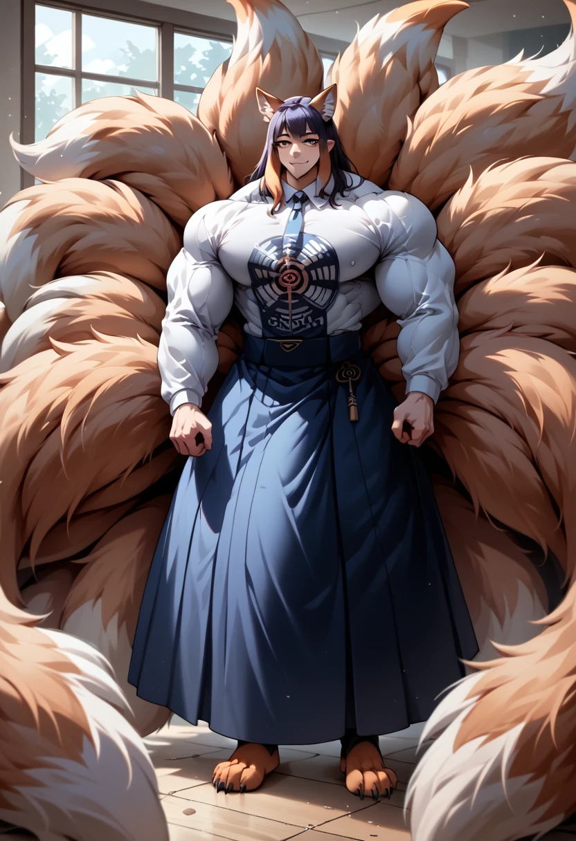 masterpiece, best quality), best resolution, (9tails:1.5), ninomae, fox ears, fluffy fox tails, fox paws, gigantic penis with gigantic balls, gigantic muscular body, full body.