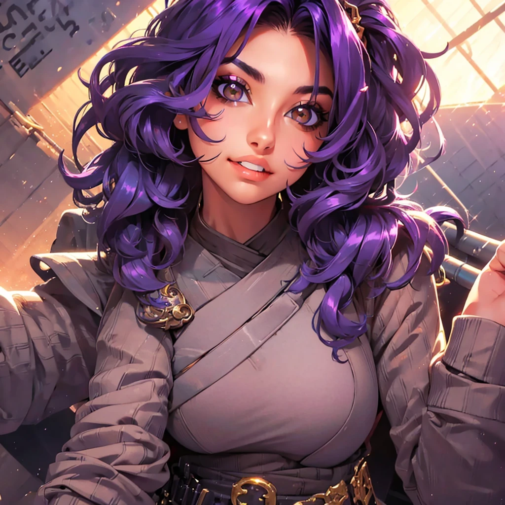 A cute girl with brown skin, sexy body, wavy purple hair [with shades of black], golden eyes (shiny), ultra realistic eyes, with a pistol, jumping, with sniper outfit, Valorant Riot game, round face, realistic lighting, Radiosity, Close UP.