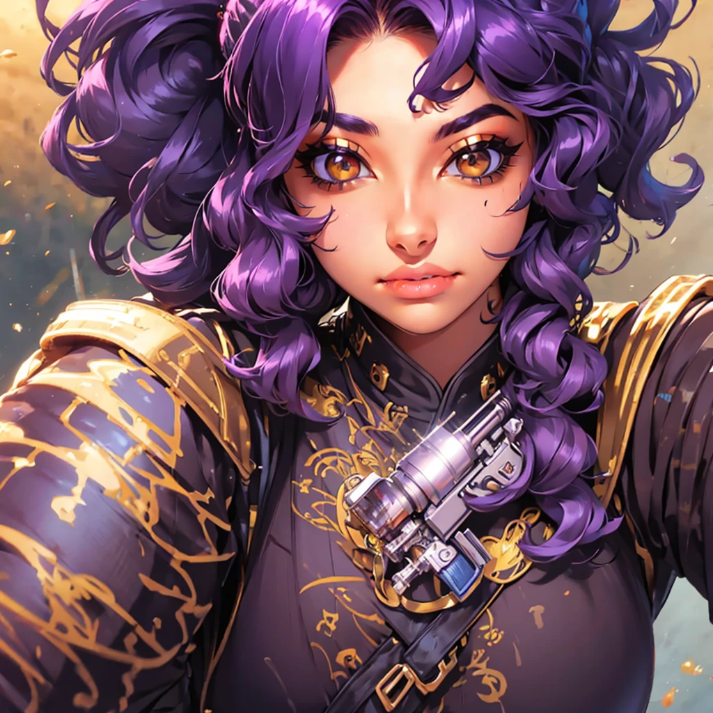 A cute girl with brown skin, sexy body, wavy purple hair [with shades of black], golden eyes (shiny), ultra realistic eyes, with a pistol, jumping, with sniper outfit, Valorant Riot game, round face, realistic lighting, Radiosity, Close UP.