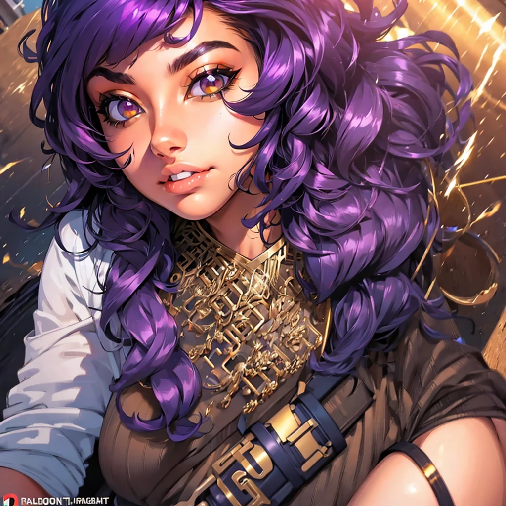 A cute girl with brown skin, sexy body, wavy purple hair [with shades of black], golden eyes (shiny), ultra realistic eyes, with a pistol, jumping, with sniper outfit, Valorant Riot game, round face, realistic lighting, Radiosity, Close UP.