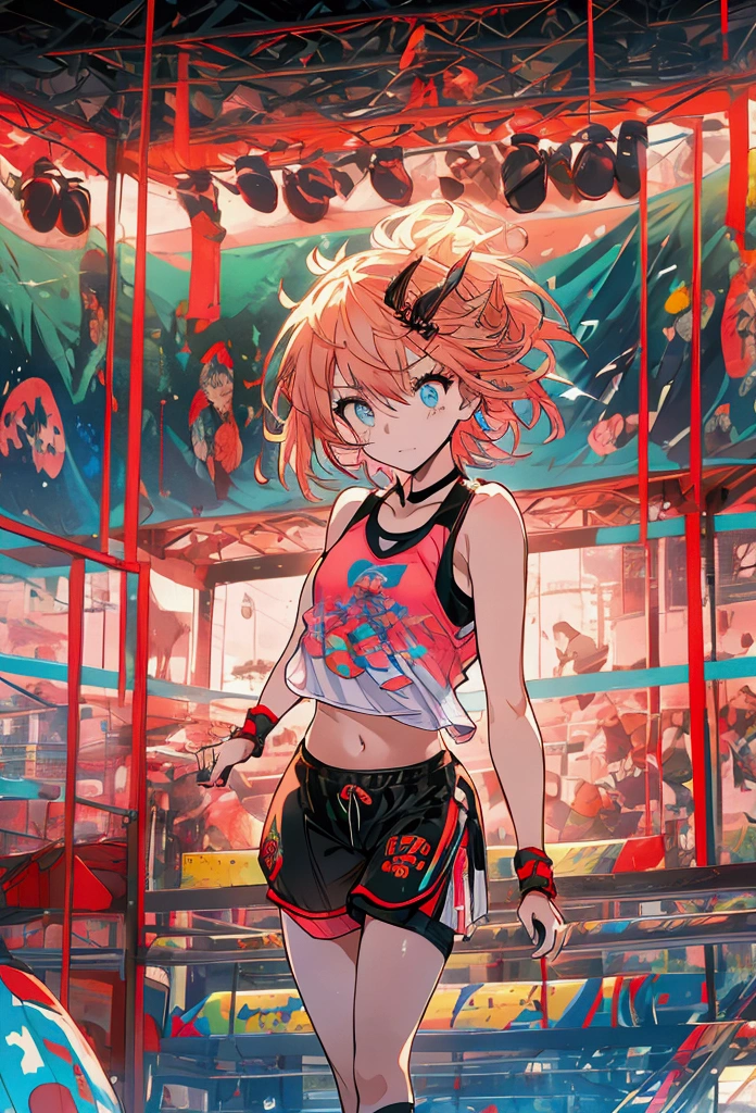 Create an illustration of a young kangaroo-human hybrid girl with a cute appearance. She wears a sporty outfit, including a tank top and shorts, and her clothing features pouches reminiscent of a kangaroo’s. The background is set in a boxing ring or a training gym, emphasizing her athletic nature, and incorporates fractal art elements with a colorful and pop aesthetic.

Her accessories include boxing gloves, showcasing her strength and athleticism. She is depicted in a dynamic pose, either mid-jump or mid-kick, highlighting her agility. Her expression is slightly worried or determined, reflecting her nervous yet lovable personality.

Additional features include soft, short hair that complements her cute and athletic look, slightly elongated ears blending human and kangaroo traits, and a tail visible behind her, perhaps slightly curled or in motion to show her alertness.