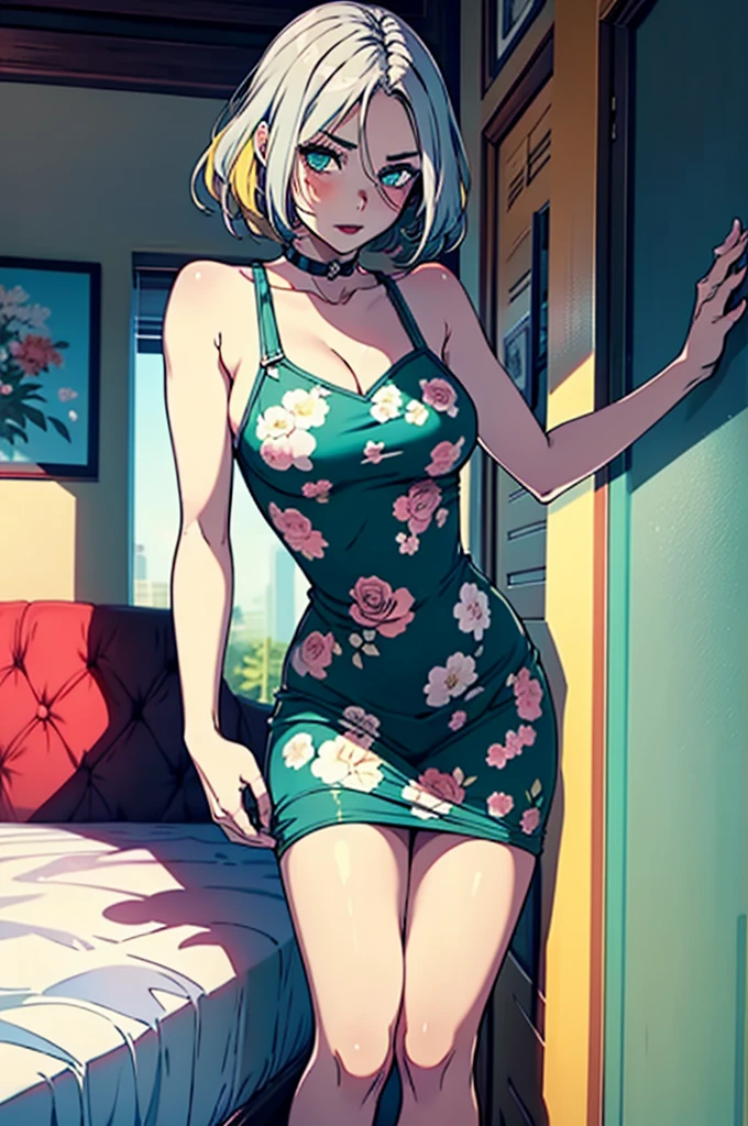 Beautiful 47y old woman with short curly blonde hair with brown eyes wearing Tight Light Green Leggings, Sexy Criss Cross Mock Neck Mid Sleeves Dark Green Tunic With Red Floral Prints, luxurious jewelry and luxurious necklace, high heel shoes, standing in her bedroom at night, holding her cellphone, (dark-tanned skin), (light brown lipstick), (elegant mascara), (slim body), (small breasts), (wide hips), midjourney, <lora:GoodHands-, <lora:GoodLegs-, UHD, high resolution, (masterpiece:1.9, best quality), (expressive eyes, perfect face, full body, expressive face, perfect body, perfect pussy, athletic, fit, slim body, blushing, Perfect makeup, eyeliner, beautiful eyelashes, smiling, horny face), ((best illumination, best shadows)), ((sexy pose))