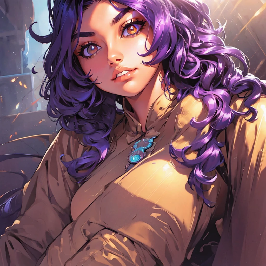 A cute girl with brown skin, sexy body, wavy purple hair [with shades of black], golden eyes (shiny), ultra realistic eyes, with a pistol, jumping, with sniper outfit, Valorant Riot game, round face, realistic lighting, Radiosity, Close UP.