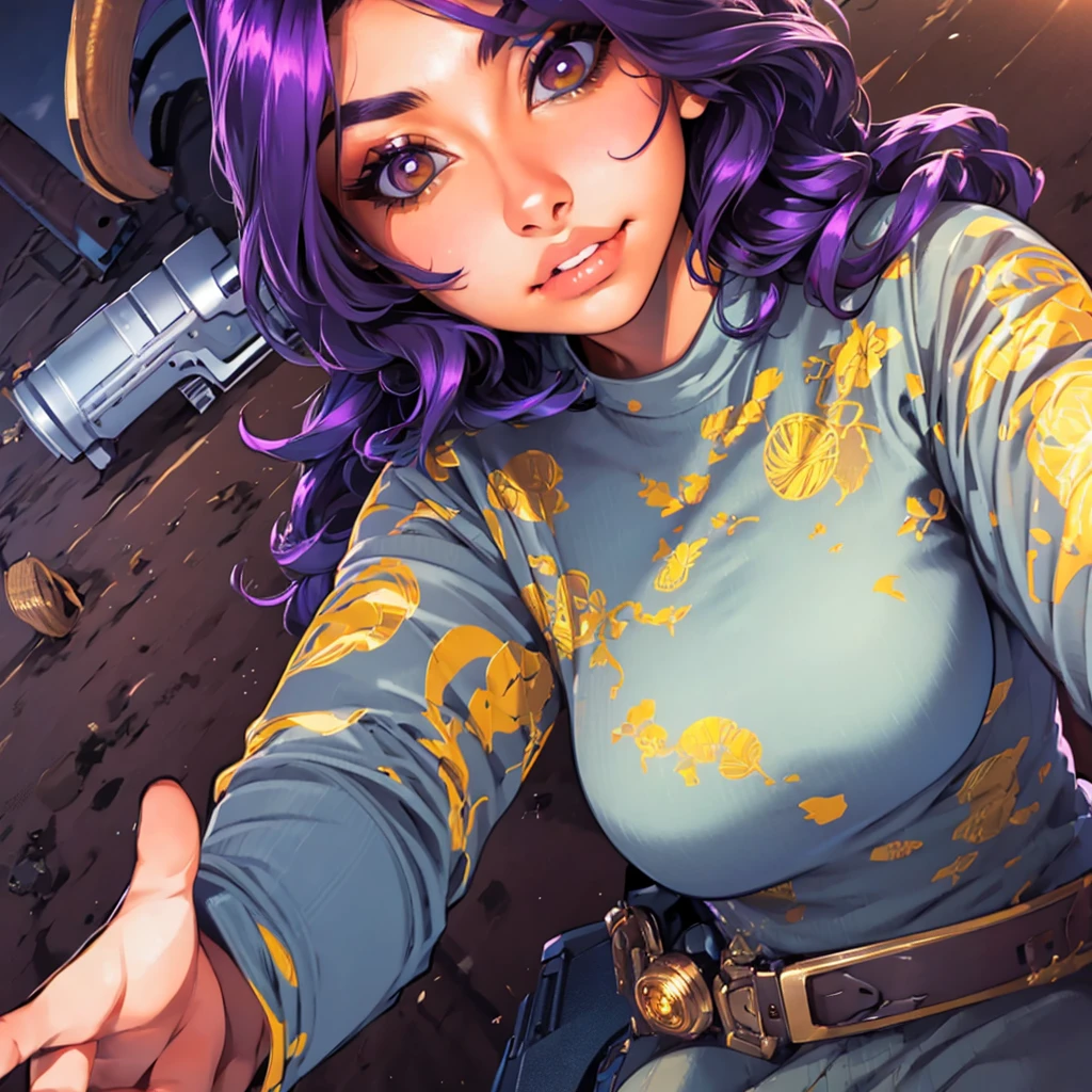 A cute girl with brown skin, sexy body, wavy purple hair [with shades of black], golden eyes (shiny), ultra realistic eyes, with a pistol, jumping, with sniper outfit, Valorant Riot game, round face, realistic lighting, Radiosity, Close UP.