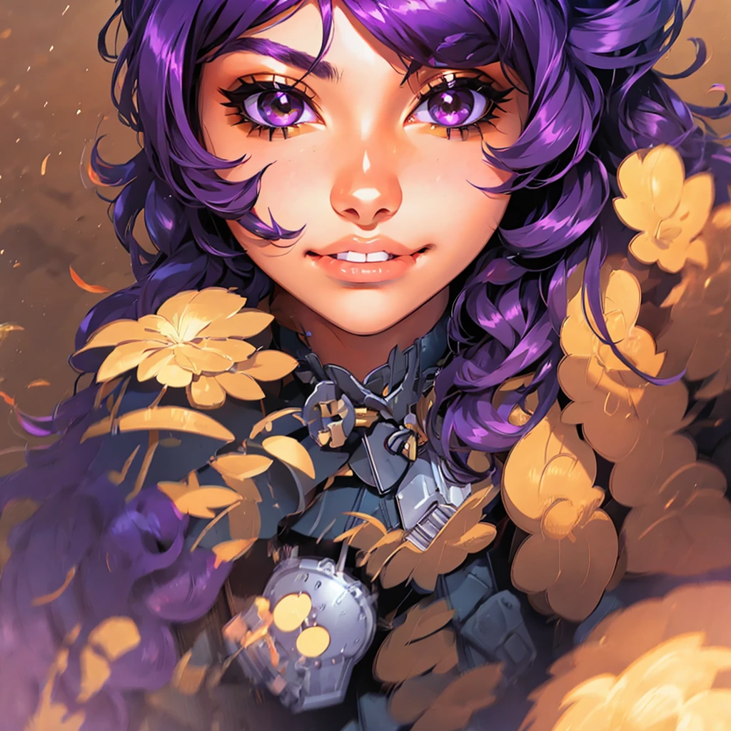 A cute girl with brown skin, sexy body, wavy purple hair [with shades of black], golden eyes (shiny), ultra realistic eyes, with a pistol, jumping, with sniper outfit, Valorant Riot game, round face, realistic lighting, Radiosity, Close UP.
