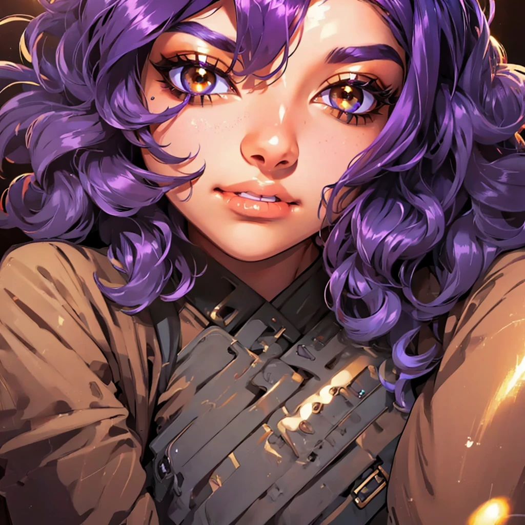 A cute girl with brown skin, sexy body, wavy purple hair [with shades of black], golden eyes (shiny), ultra realistic eyes, with a pistol, jumping, with sniper outfit, Valorant Riot game, round face, realistic lighting, Radiosity, Close UP.