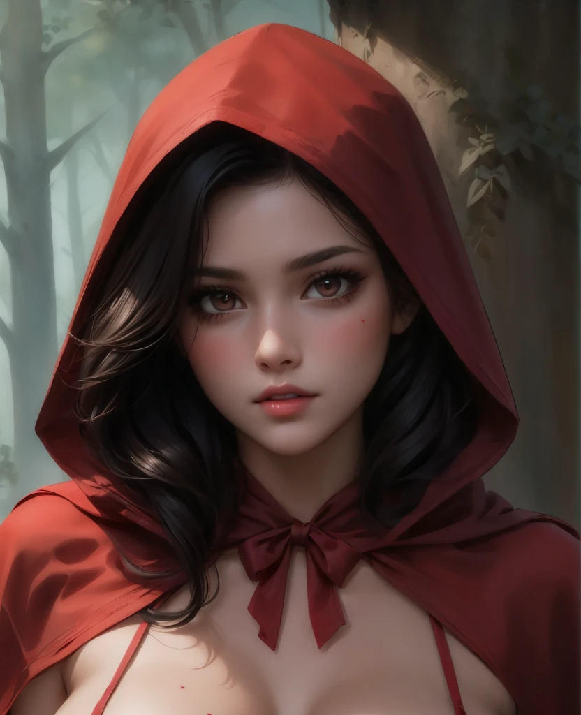 closeup shot, beautiful girl, red riding hood, red hood, sexy, detailed brown eyes, detailed lips, eyes, detailed skin texture, dark hair, hyper detailed photo with sharp focus, beautiful masterpiece,