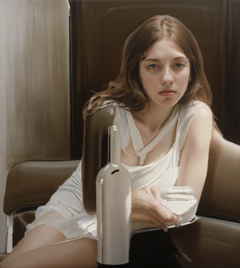 Oil painting of an elegant slim woman sitting in a Metro car ((ONE WOMAN ONLY)) ((woman dressed in white)) modern dress, Brown hair, modern, actual, Nick Alm, by Andrea Pozzo, Jeremy Lipking, range murata Jeremy Lipking, by Carlo Mense, inspired by Enrique Simonet, sargento marshénnikov, by Michael Ford, krenzcushart, Jeremy Lipking full length shot, by Josep Rovira Soler