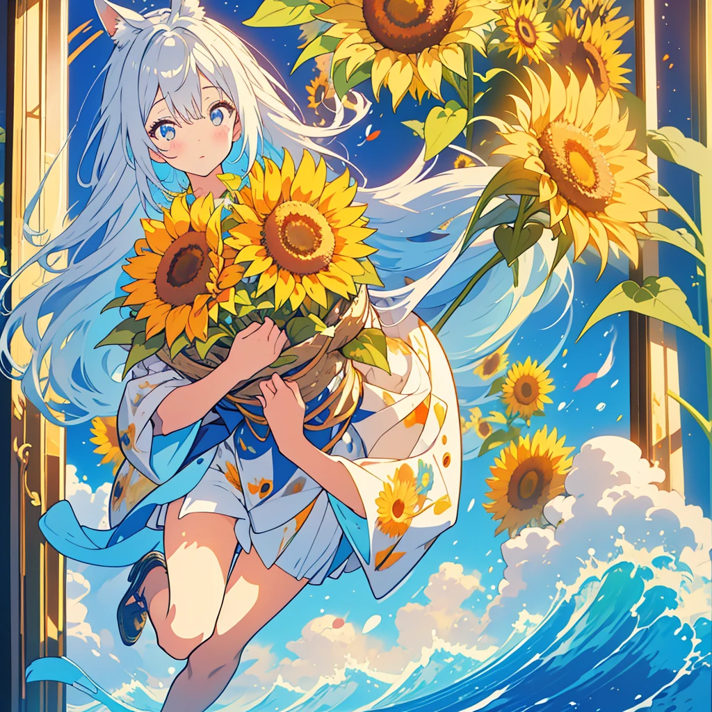 kawaii, anime, Cute, hyper quality, highly detailed, 16k, Front facing, Clarity, full body, one girl, stain the whole thing with colorful ink, long silver hair, lapis lazuli eyes, paint color, countless sunflowers, surrounded by sunflowers, Trapped inside a Van Gogh painting, ephemeral, paint, paint, brush, live inside the canvas, art supplies, oil, wonder, mysterious, rainbow colored sunflowers, Richly colored, Brightly colored sunflowers, highlight on eyes, long hair, splattered ink, scribble, countless handwritings, color palette, the bell rings, long hair flowing, Draw eyes clearly, art, taken in by sunflowers, 	