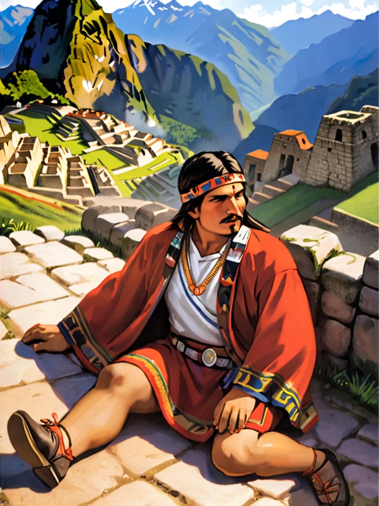 Inca drunk on the ground of Machu Picchu 