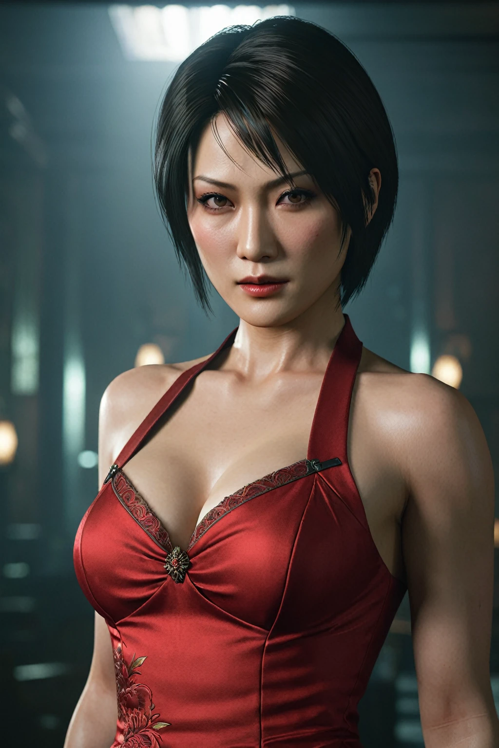 (Highest quality:1.3), cinematic shot, masterpiece, (sharp focus:1.5), (photorealistic:1.3), Ada Wong is a prominent character in the Resident Evil video game series. She is known for her mysterious and enigmatic persona. With her striking appearance, massive breast, Ada often wears a red qipao dress, which is a traditional Chinese outfit. Her dark hair, intense eyes, and a penchant for high heels contribute to her alluring and iconic look.

Ada is characterized by her intelligence, resourcefulness, and combat skills. She's skilled in using firearms, melee weapons, and gadgets, making her a versatile fighter. Throughout the series, she's often seen as an independent and secretive individual, driven by her own motives. Her interactions with other characters are usually marked by a sense of ambiguity and hidden agendas.

Ada's involvement in the series typically revolves around espionage, uncovering conspiracies, and dealing with biohazard outbreaks. Her complex relationships with other characters, such as Leon S. Kennedy, contribute to the intrigue and drama within the game's narrative. Overall, Ada Wong's multifaceted personality, captivating appearance, and central role in the Resident Evil series make her a memorable and iconic game character, (highly detailed skin),  (detailed face), detailed background, cinematic lighting, dramatic lighting, volumetric lighting,  intricate details, UHD,