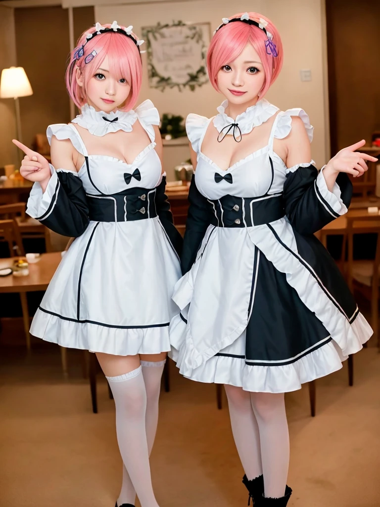 Accurate depiction with high resolution,(8K, Photorealistic, Raw photo, of the highest quality: 1.3), (1girl in), Super beautiful, (Realistic face), (boyish, pink Color Berry Shorthair), Beautiful , Glare that captivates the viewer, Beautiful expression, Beautiful , (Realistic skin), Be...Create a detailed and colorful image of Ram and Rem from Re:Zero, standing back-to-back in their maid outfits, with a magical fantasy background、14yearsirls,cute, perfect face, beautiful, nice body, gothic lolita clothes, goolita fashion, frilly sheaddress, necklace, bracelet, knee-high socks, boots, double eyelids, tear bags, Detailed down to the fingers, photo-like description, indoors, dim indoor lighting, one girl is pink hair and short bob, another girl is light blue haind short bob,standing,whole body, composition that shows the whole body, smiling,The Both of them are wearing the same type of maid outfit,Optimal ratio of 4 fingers and 1 thumb,walking