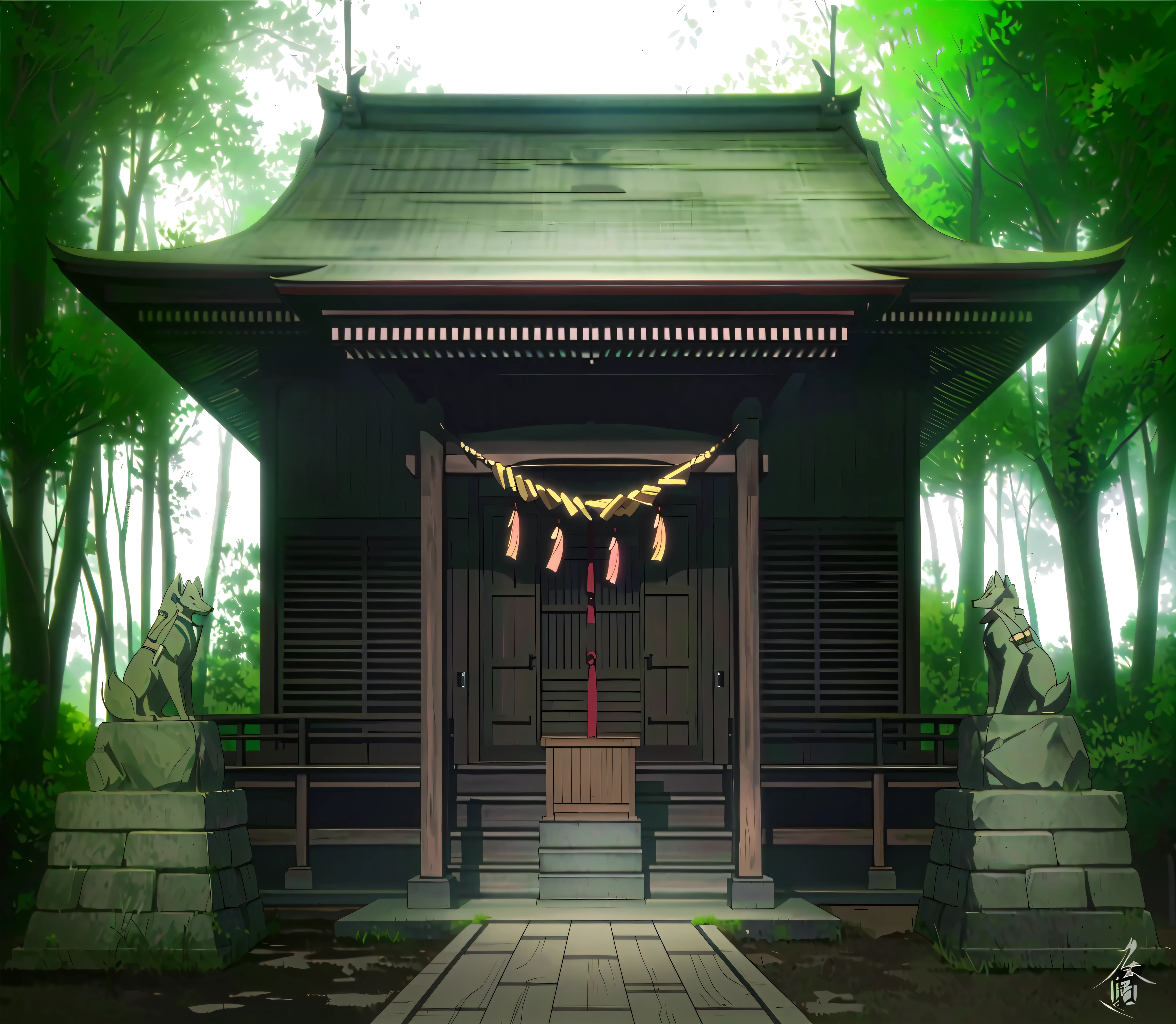 There is a small building there，Two fox statues，There are wooden doors and a stone walkway, zen temple background, temple background, background depicting a temple, shinto shrine, Anime Background Art, japanese temple, japanese shrine, Traditional Japanese concept art, Anime Landscape Concept Art, Inspired by Shirokuma Seiho, shrine, temple, mysterious temple setting, shrines