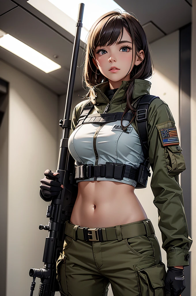 Woman in white holding a rifle and wearing headphones, 24 year old woman, young soldier, mechanized young soldier, Military Girl, beautiful female soldier, Female lead character, Military Girlราบ, Girl's sniper at war, solo female character, Future combat equipment, Half-body close-up, Woman wearing military bulletproof crop top, Show navel, Wear tactical equipment, Wear tactical armor.,