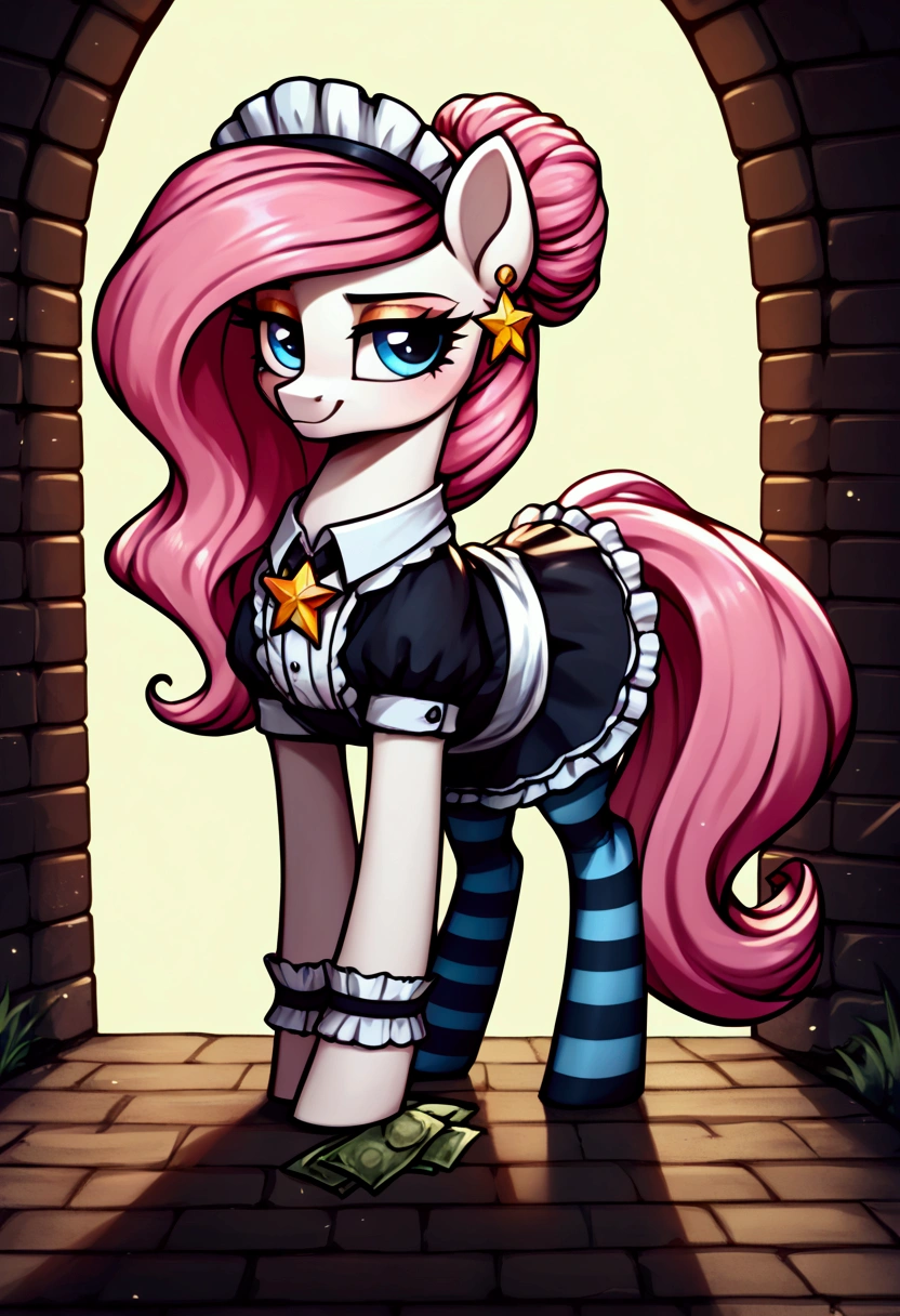 score_9,score_8_up,score_7_up,score_6_up, ((my little pony)), radiant lighting, vibrant colors, whimsical atmosphere, 8K, high resolution, highly detailed, masterpiece, ((brightness white body)), blue eyes, (maid costume), striped stockings, star pendant, earrings, eyeshadow, (very long pink hair:1.3), (((?????????? showing big boobs:1.4)))