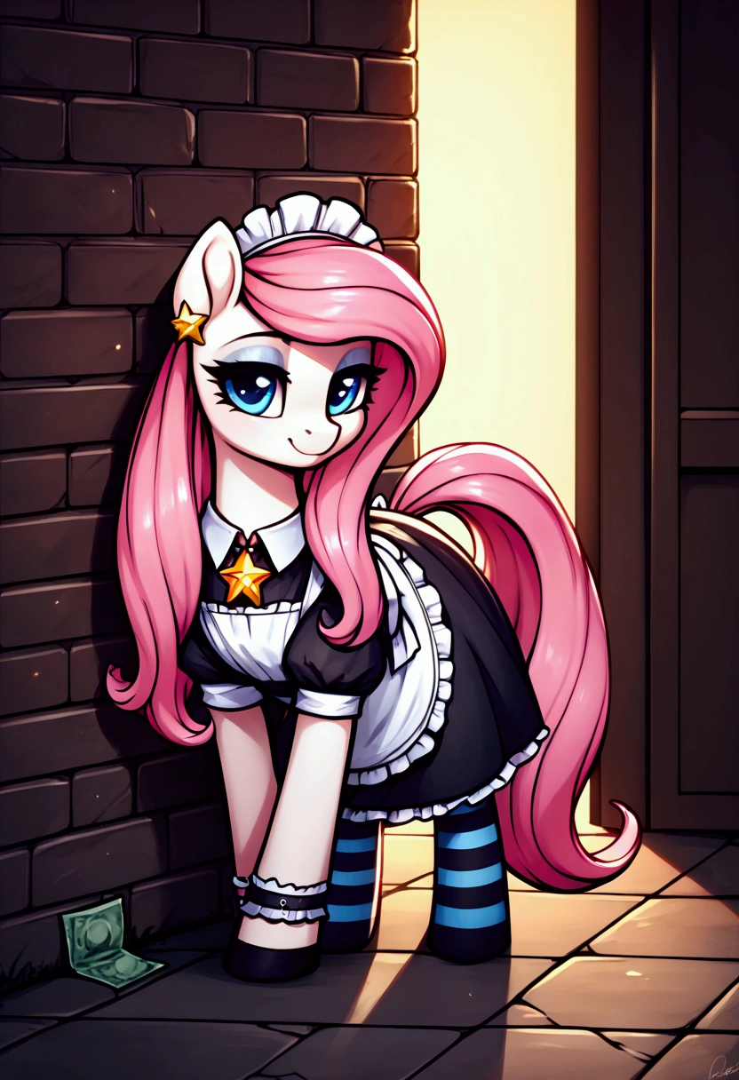 score_9,score_8_up,score_7_up,score_6_up, ((my little pony)), radiant lighting, vibrant colors, whimsical atmosphere, 8K, high resolution, highly detailed, masterpiece, ((brightness white body)), blue eyes, (maid costume), striped stockings, star pendant, earrings, eyeshadow, (very long pink hair:1.3), (((prostitute showing big boobs:1.4)))