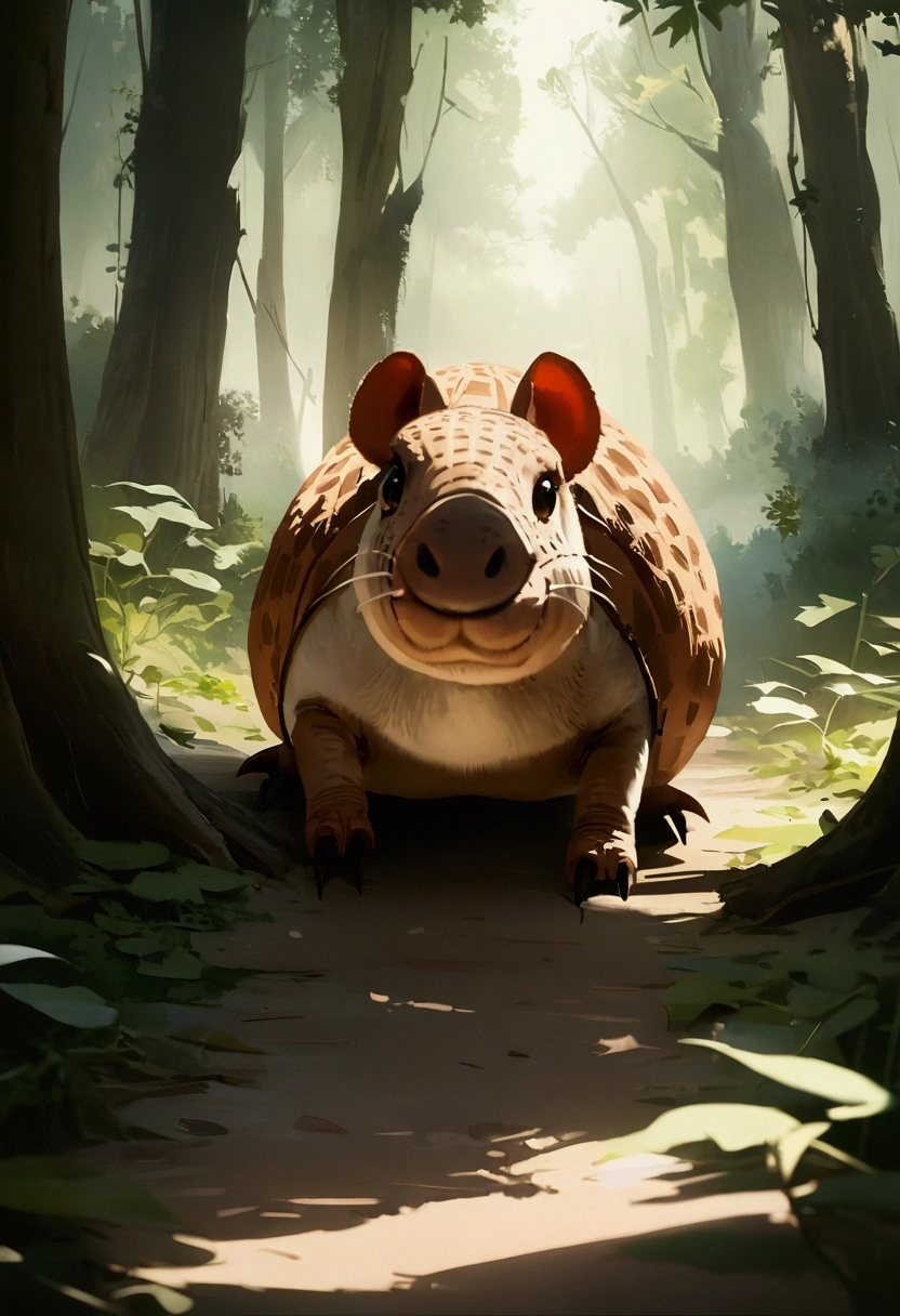 Masterpiece artwork, best qualityer, film still image, (realisitic, photorrealistic: 1,4), (Mr. Curious - armadillo), exploring the forest, close-up, between roots and leaves, curious, soft, warm lighting, Light filtered by trees, (Shadow Patterns: 0,7)