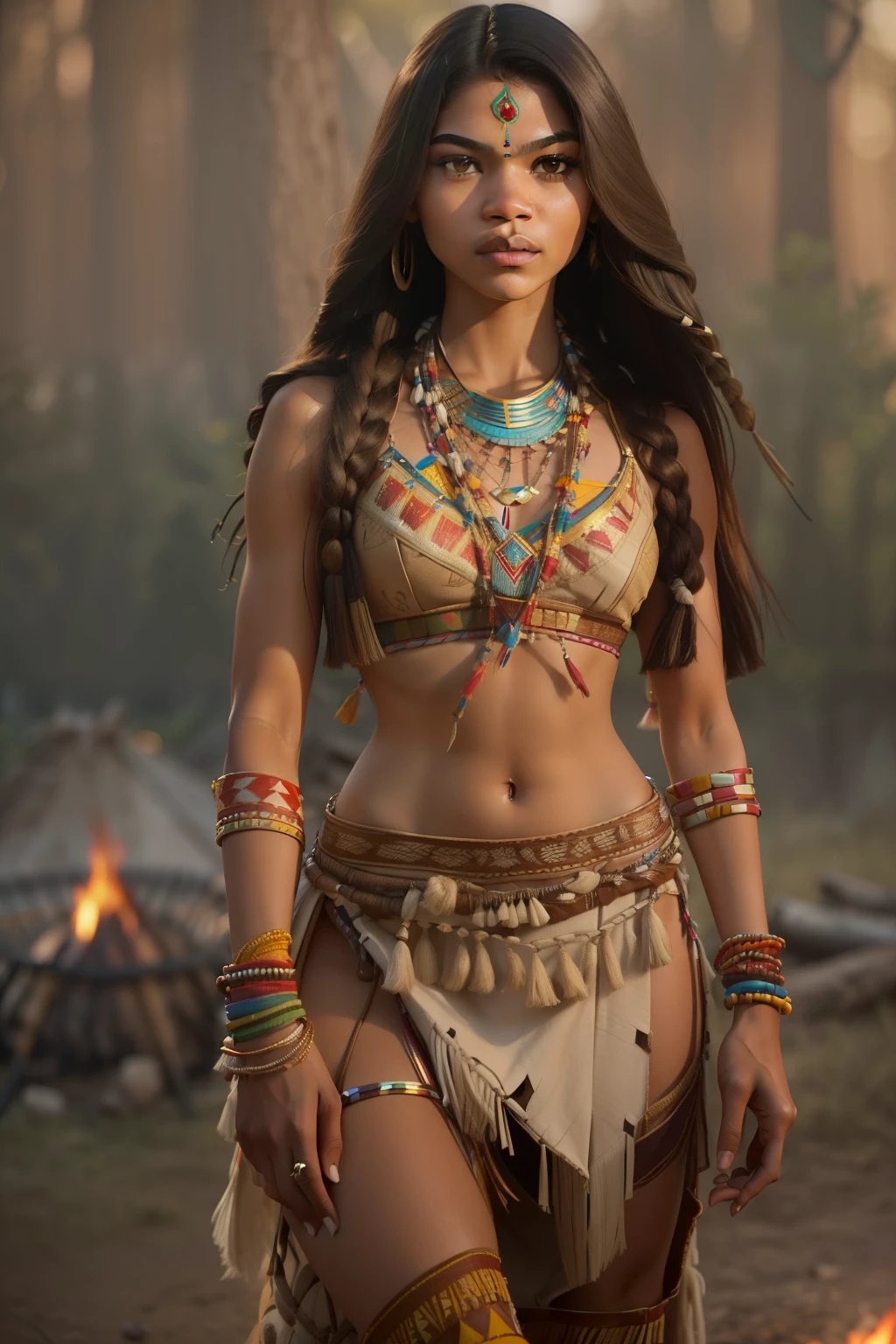 ((Zendaya is an Indian woman)), ((who wears the typical clothes of a squaw)), (she sits by a campfire), ((skinny woman)), (small head), ((natural skin structure)), ((She has small, Round breasts)), ((Expressive detailed face)), (photorealestic), (Raytracing), (sharp focus entire body))