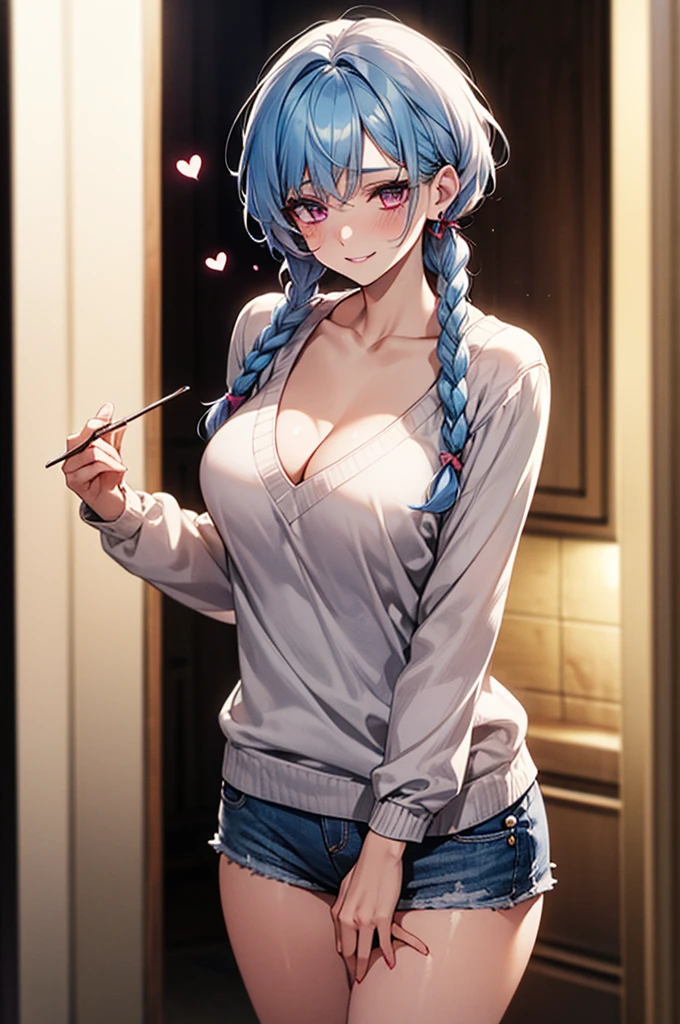 Masterpiece,Highest quality,8K,Ultra-high resolution,appropriate margins,lighting,BREAK,1 person,Very beautiful adult woman,Slim body,Very large breasts,Deep cleavage,BREAK,Light blue hair,Short braids,mascara,Red eyeliner,Light pink lip,Thick upper eyelashes,Thin eyebrows,BREAK,Light purple eyes,BREAK,Embarrassed,Shy smile,BREAK,short hair,Wearing hair in one ear,BREAK,A light white sweater with cute sleeves,Denim shorts,Heart-shaped accessories on thighs,BREAK,Eyes meet