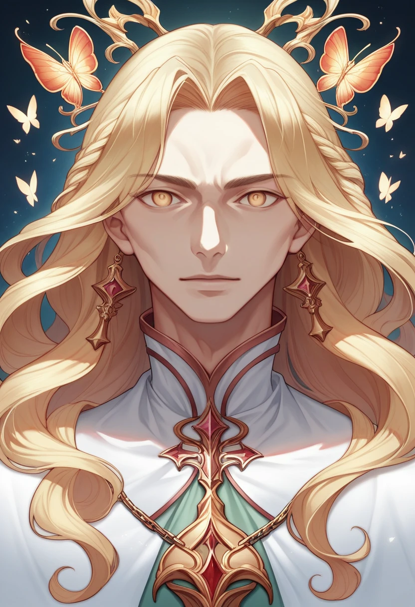 ‪ (masterpiece, 8K, Absurd, Digital Art, Digital Illustration, Realistic, Very detailed, Realistic lighting), (Perfect Face, Perfect Eyes, Perfect body), male,1 person, Adult,male的な,Close-up of a long-haired person and butterflies, Portrait of the Magical Blonde Prince, ((Beautiful Fantasy Empress)), Beautiful androgynous prince, A delicate androgynous prince, anime key visual of elegant, Long, flowing, gorgeous blonde hair, Anime Art Nouveau Space Display, Detailed Key Anime Art, Shadowverse Style, Flowing hair and long robes